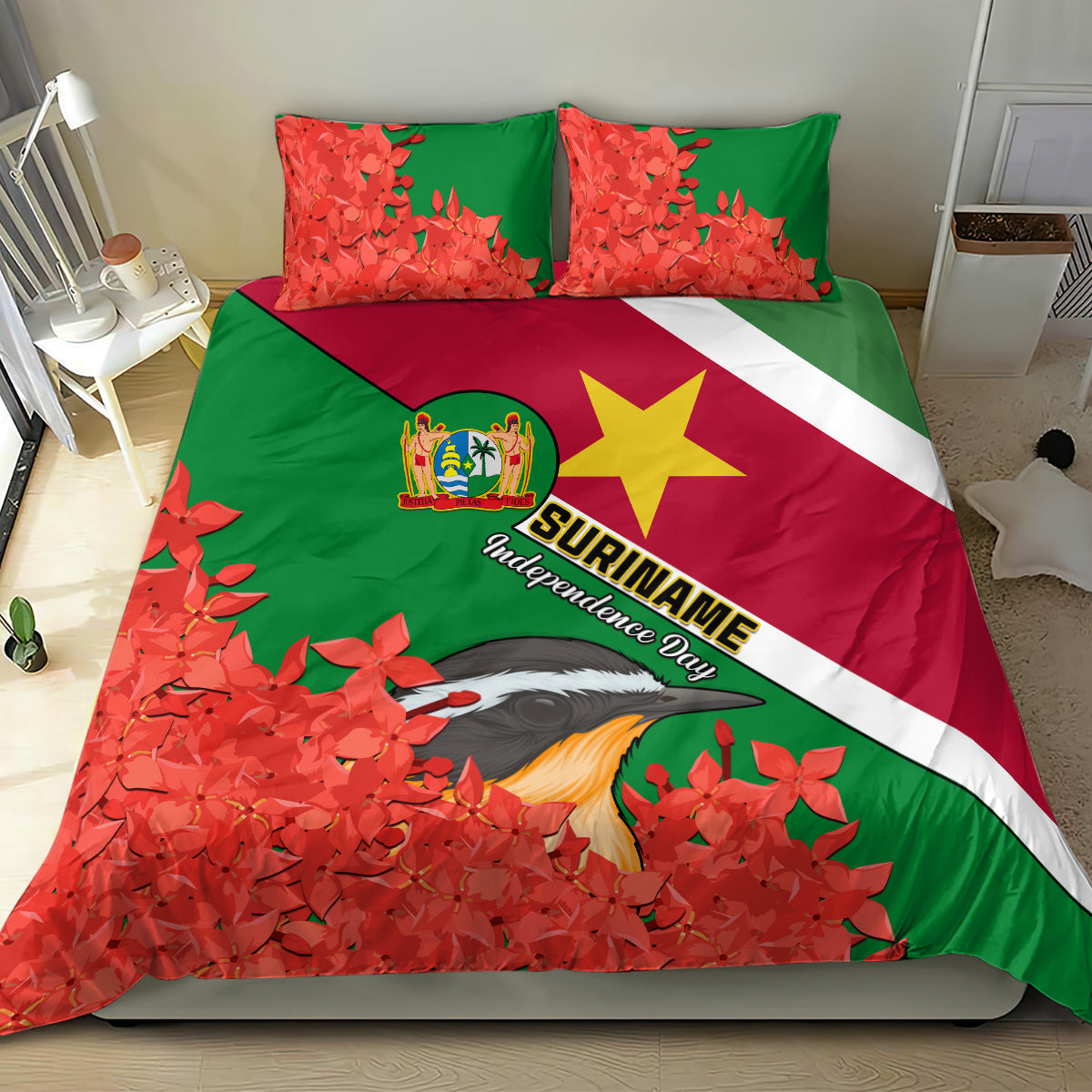 Suriname Independence Day Bedding Set Lesser Kiskadee With Scarlet Jungle Flame Flower - Wonder Print Shop