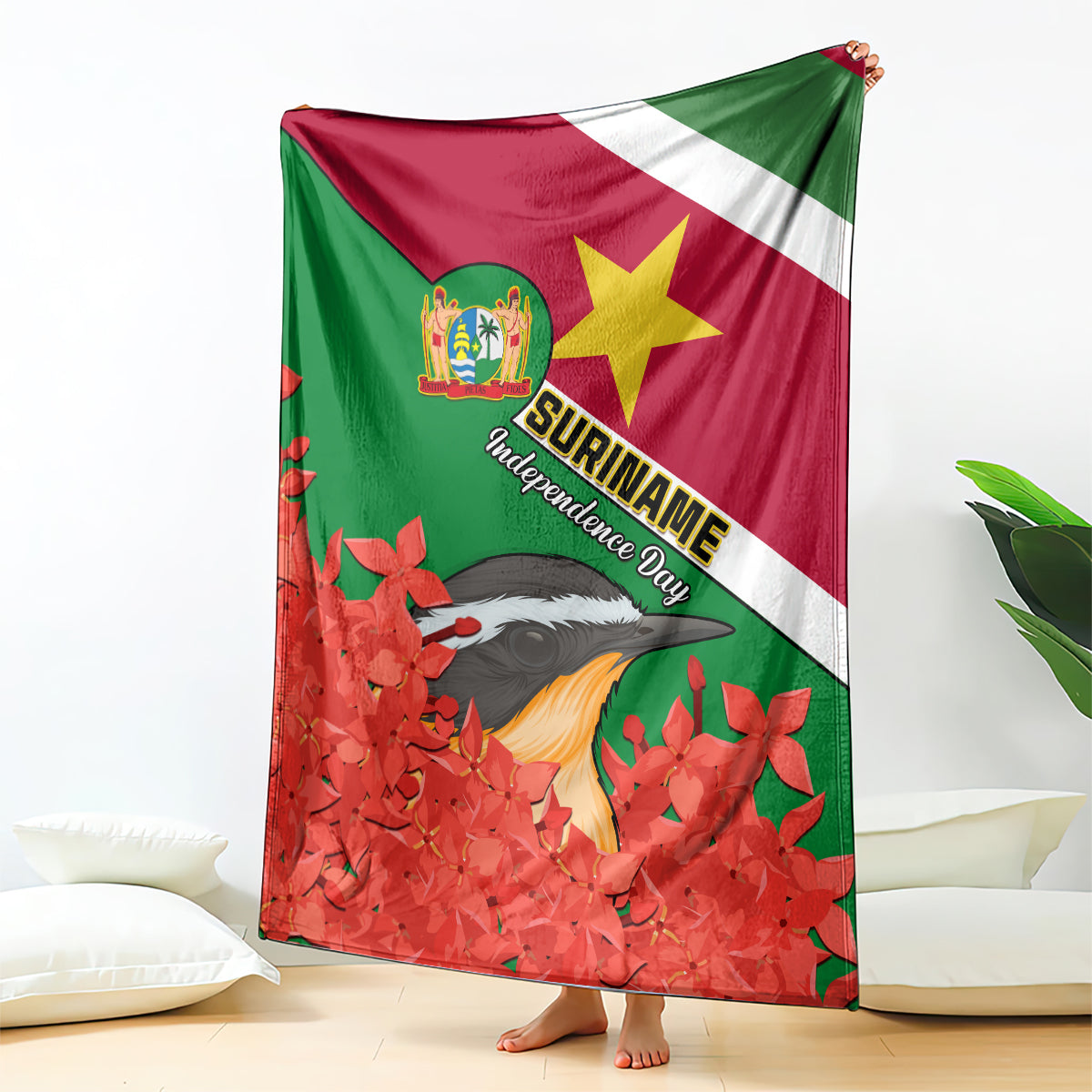 personalised-suriname-independence-day-blanket-lesser-kiskadee-with-scarlet-jungle-flame-flower