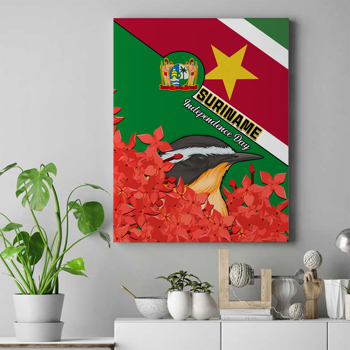 personalised-suriname-independence-day-canvas-wall-art-lesser-kiskadee-with-scarlet-jungle-flame-flower