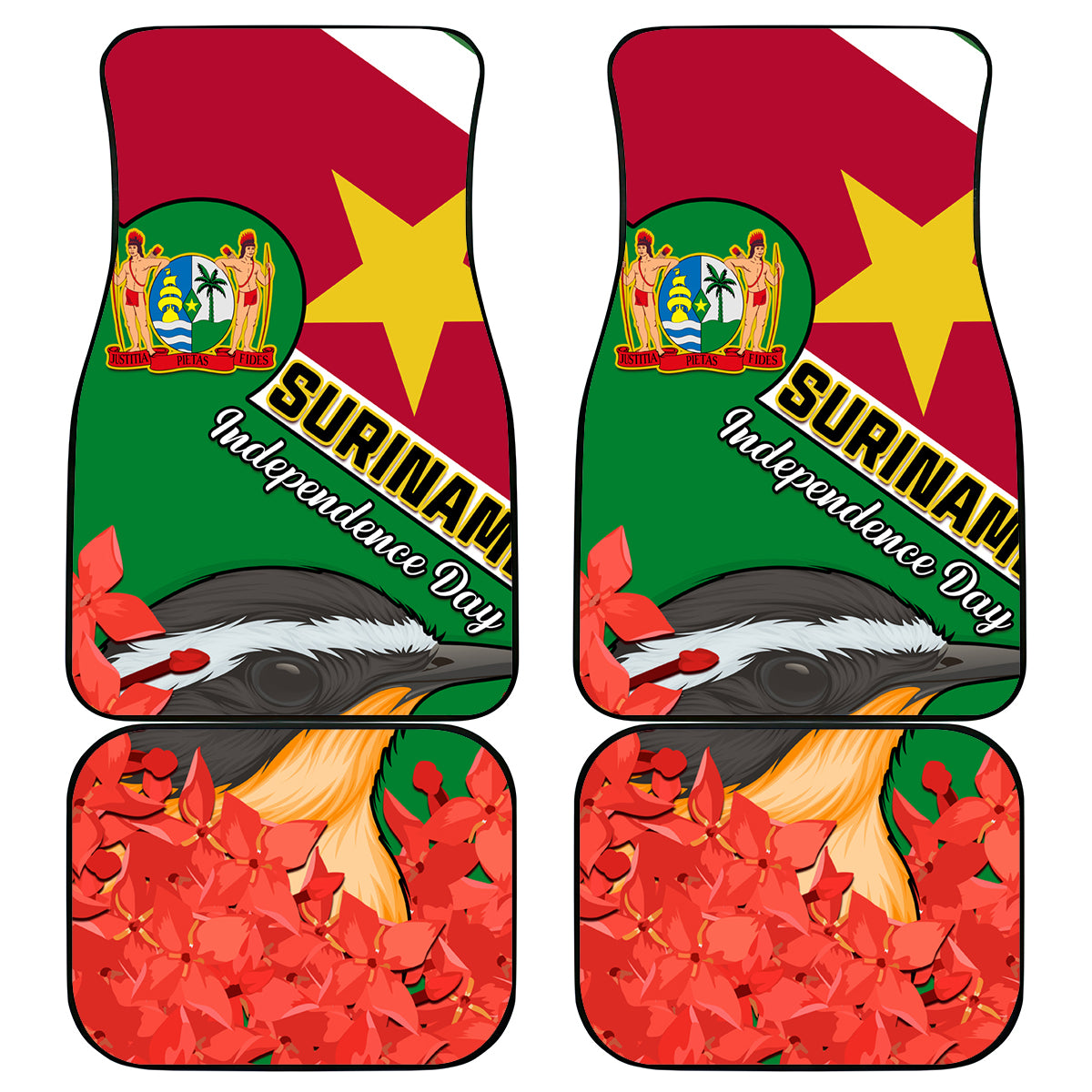 personalised-suriname-independence-day-car-mats-lesser-kiskadee-with-scarlet-jungle-flame-flower