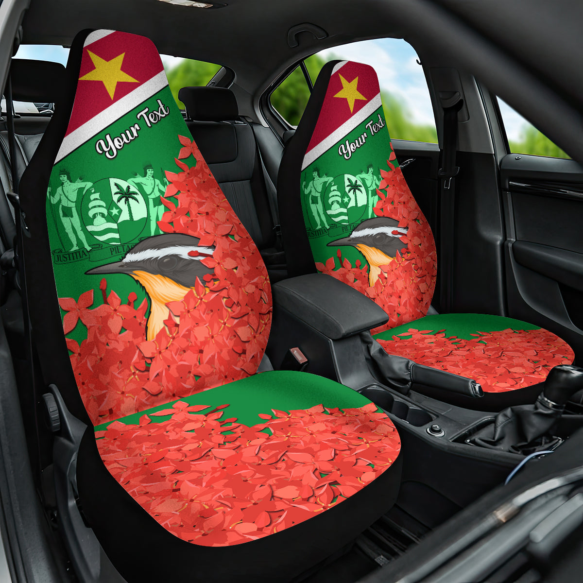 personalised-suriname-independence-day-car-seat-cover-lesser-kiskadee-with-scarlet-jungle-flame-flower