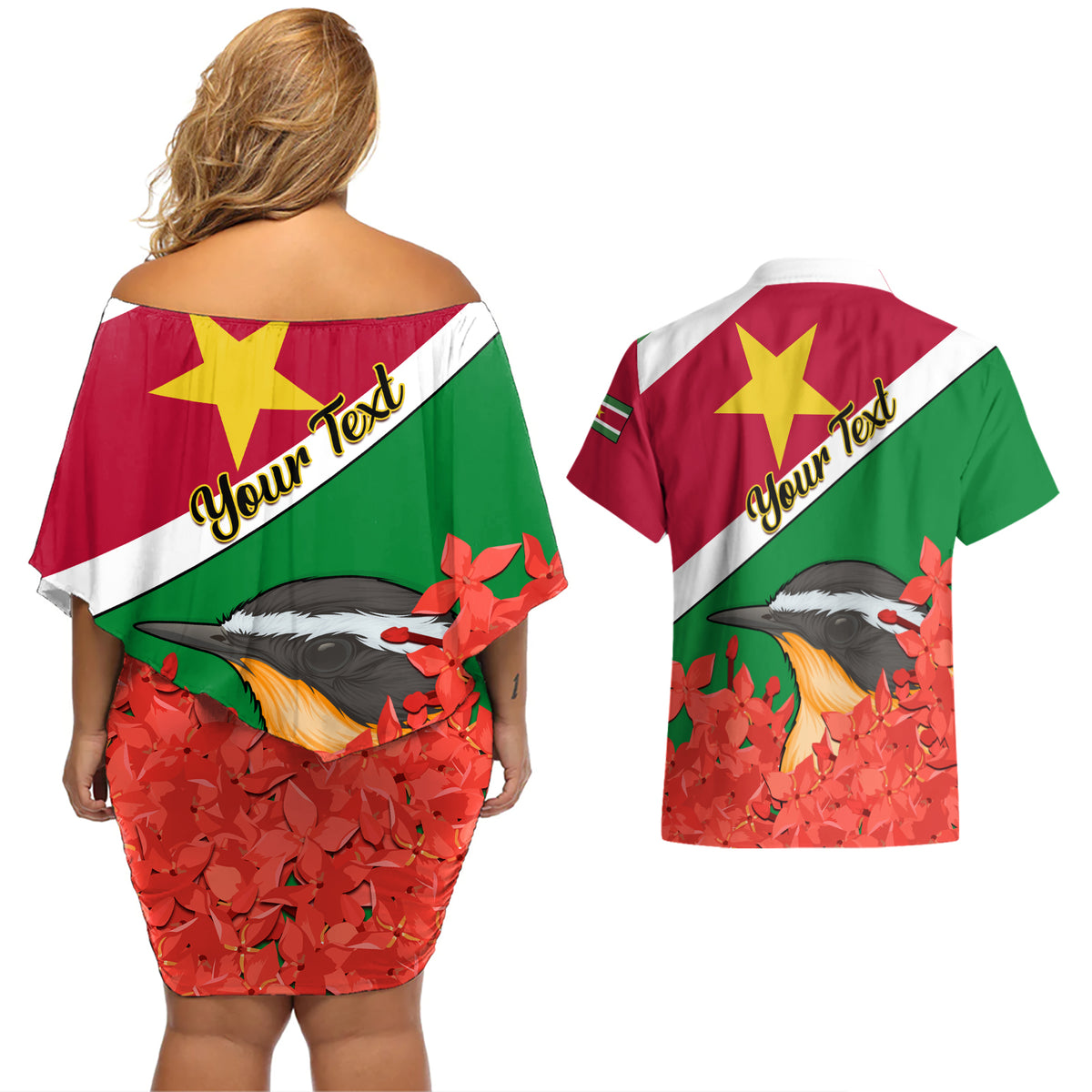 Personalised Suriname Independence Day Couples Matching Off Shoulder Short Dress and Hawaiian Shirt Lesser Kiskadee With Scarlet Jungle Flame Flower - Wonder Print Shop