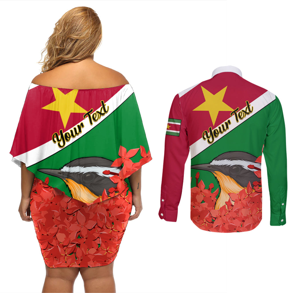 Personalised Suriname Independence Day Couples Matching Off Shoulder Short Dress and Long Sleeve Button Shirt Lesser Kiskadee With Scarlet Jungle Flame Flower - Wonder Print Shop