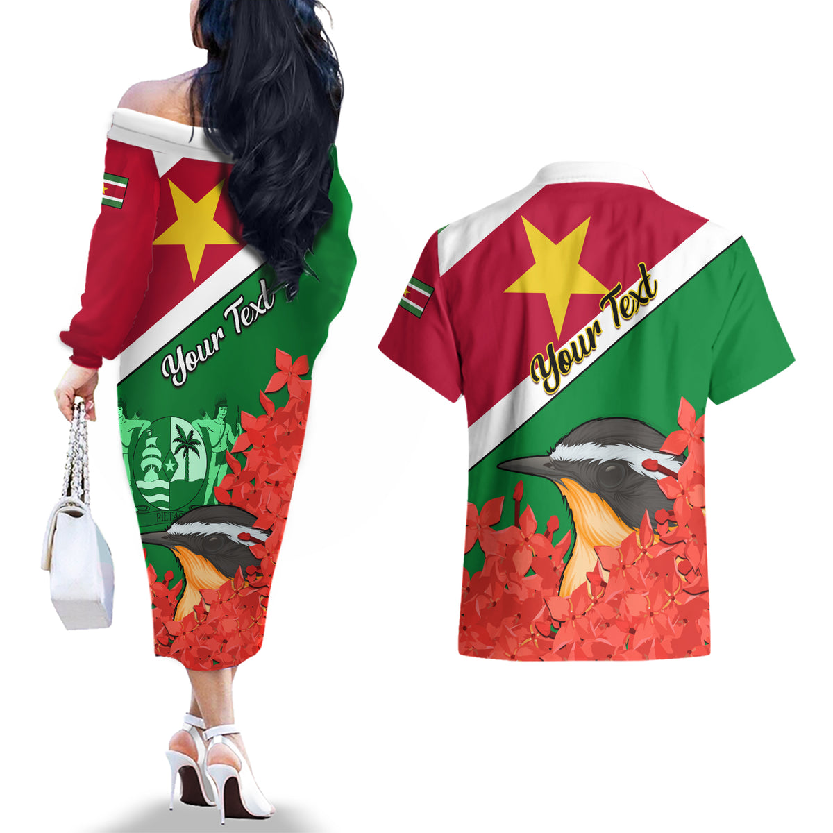 Personalised Suriname Independence Day Couples Matching Off The Shoulder Long Sleeve Dress and Hawaiian Shirt Lesser Kiskadee With Scarlet Jungle Flame Flower - Wonder Print Shop