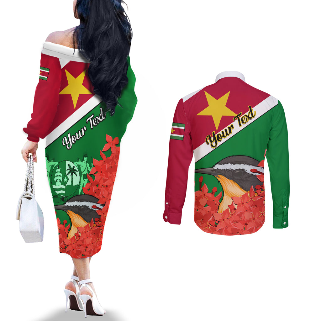personalised-suriname-independence-day-couples-matching-off-the-shoulder-long-sleeve-dress-and-long-sleeve-button-shirt-lesser-kiskadee-with-scarlet-jungle-flame-flower