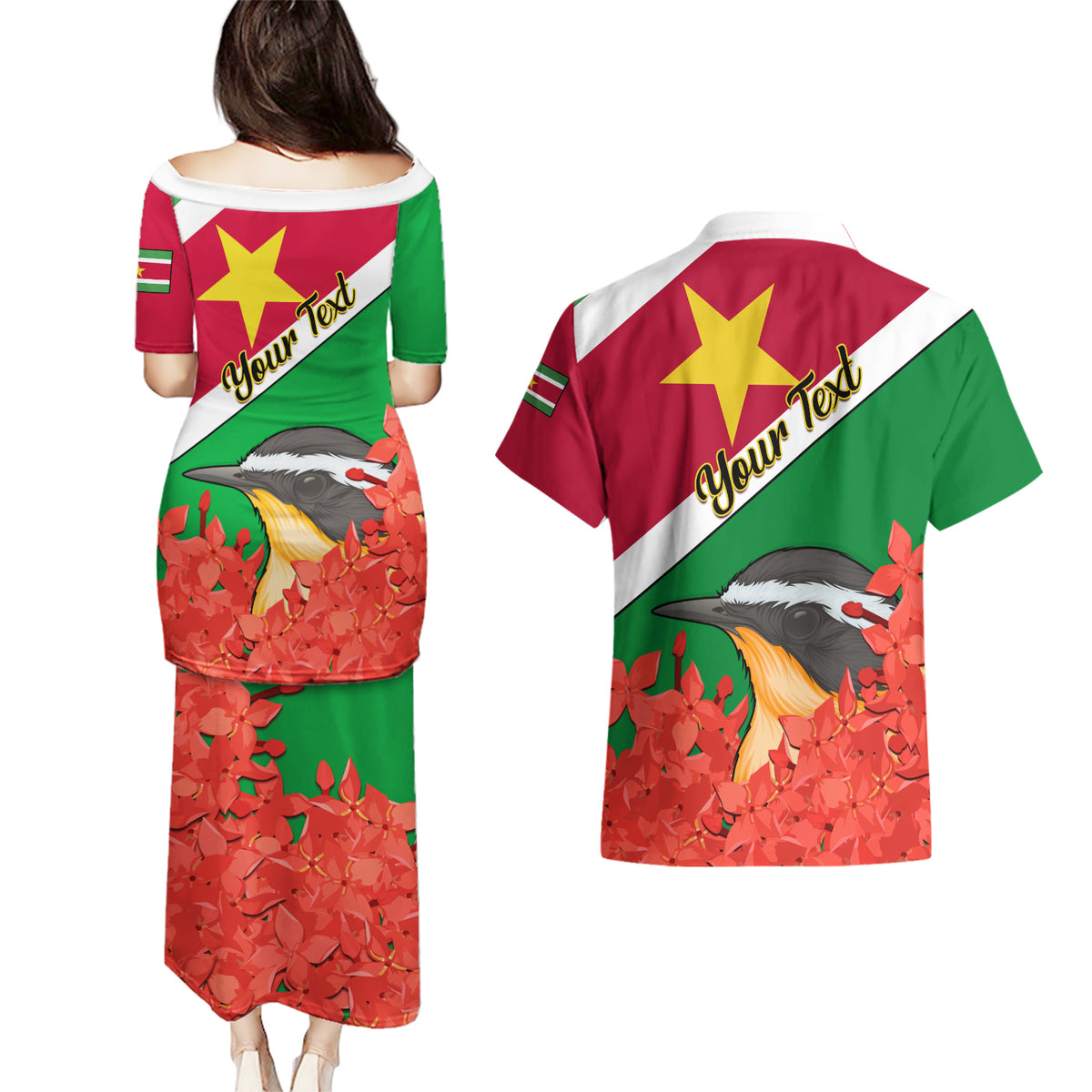 Personalised Suriname Independence Day Couples Matching Puletasi Dress and Hawaiian Shirt Lesser Kiskadee With Scarlet Jungle Flame Flower - Wonder Print Shop