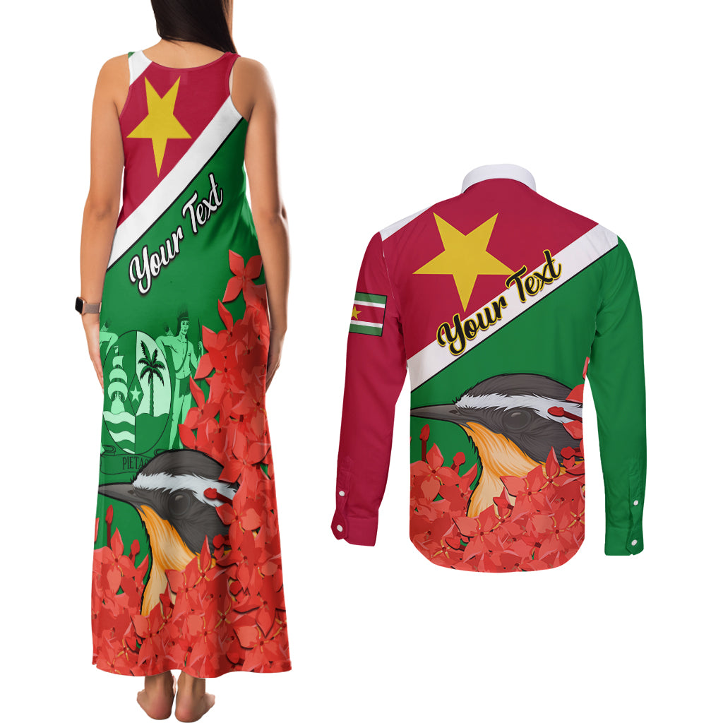 Personalised Suriname Independence Day Couples Matching Tank Maxi Dress and Long Sleeve Button Shirt Lesser Kiskadee With Scarlet Jungle Flame Flower - Wonder Print Shop