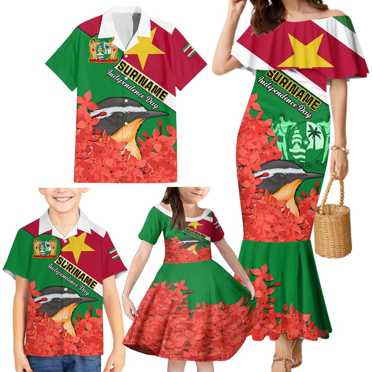 personalised-suriname-independence-day-family-matching-mermaid-dress-and-hawaiian-shirt-lesser-kiskadee-with-scarlet-jungle-flame-flower