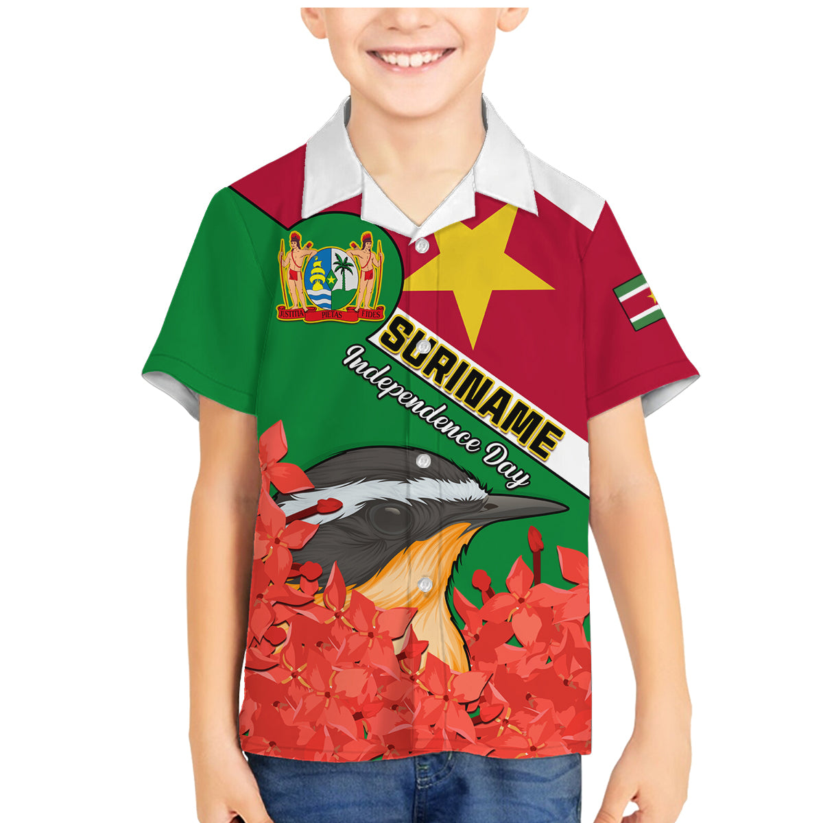 Personalised Suriname Independence Day Family Matching Mermaid Dress and Hawaiian Shirt Lesser Kiskadee With Scarlet Jungle Flame Flower - Wonder Print Shop