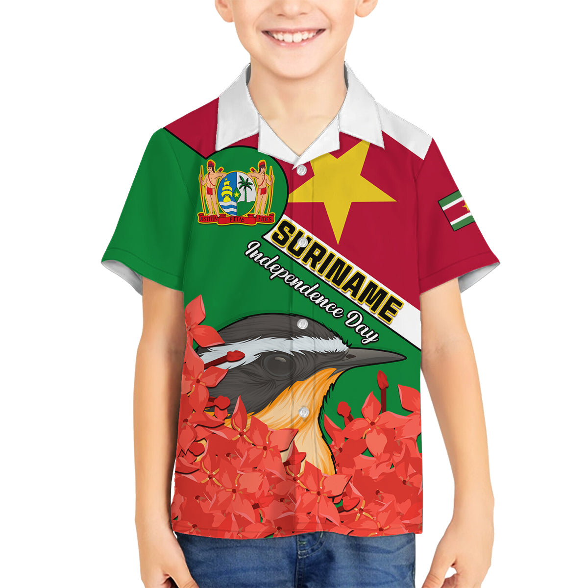 Personalised Suriname Independence Day Family Matching Off Shoulder Long Sleeve Dress and Hawaiian Shirt Lesser Kiskadee With Scarlet Jungle Flame Flower - Wonder Print Shop
