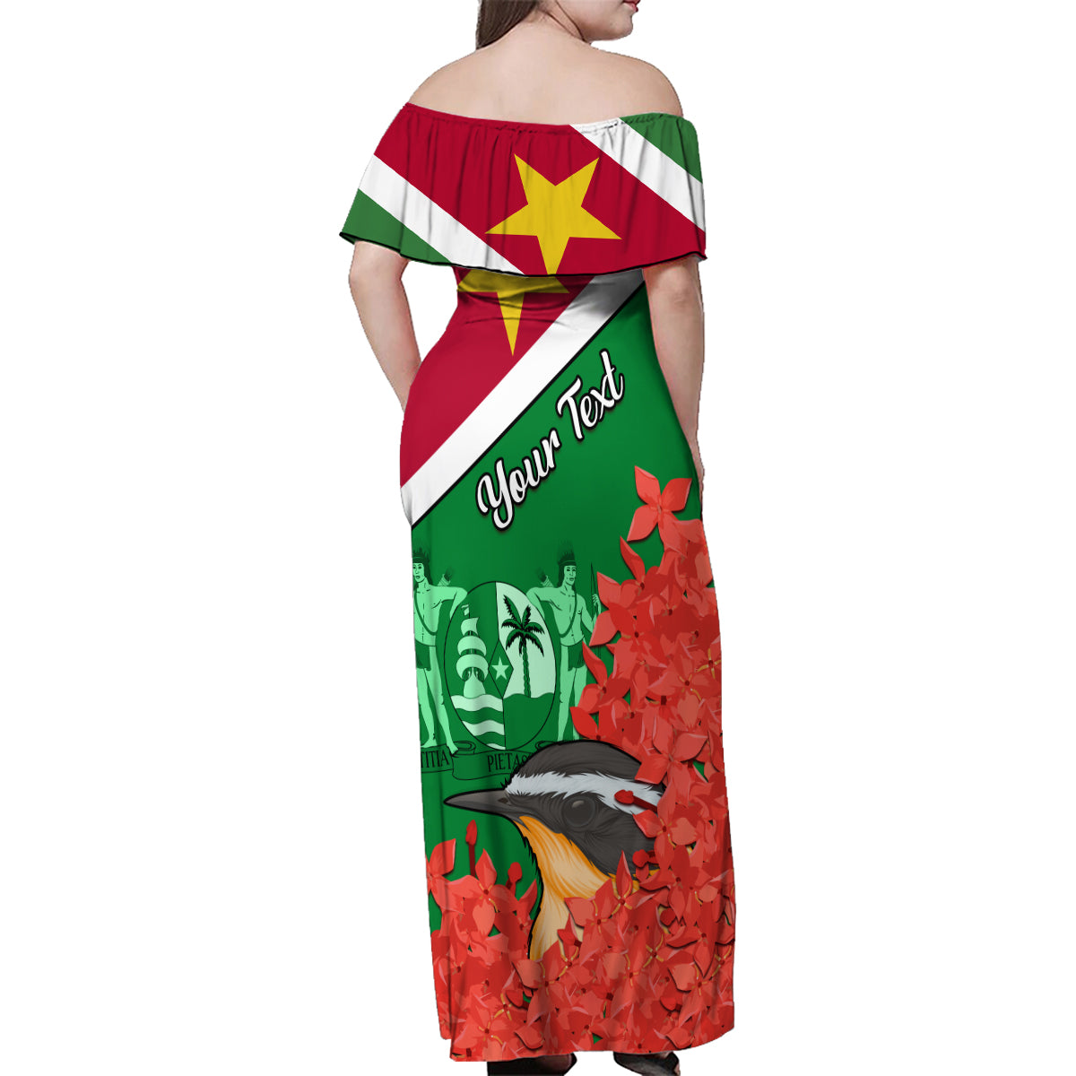 Personalised Suriname Independence Day Family Matching Off Shoulder Maxi Dress and Hawaiian Shirt Lesser Kiskadee With Scarlet Jungle Flame Flower - Wonder Print Shop
