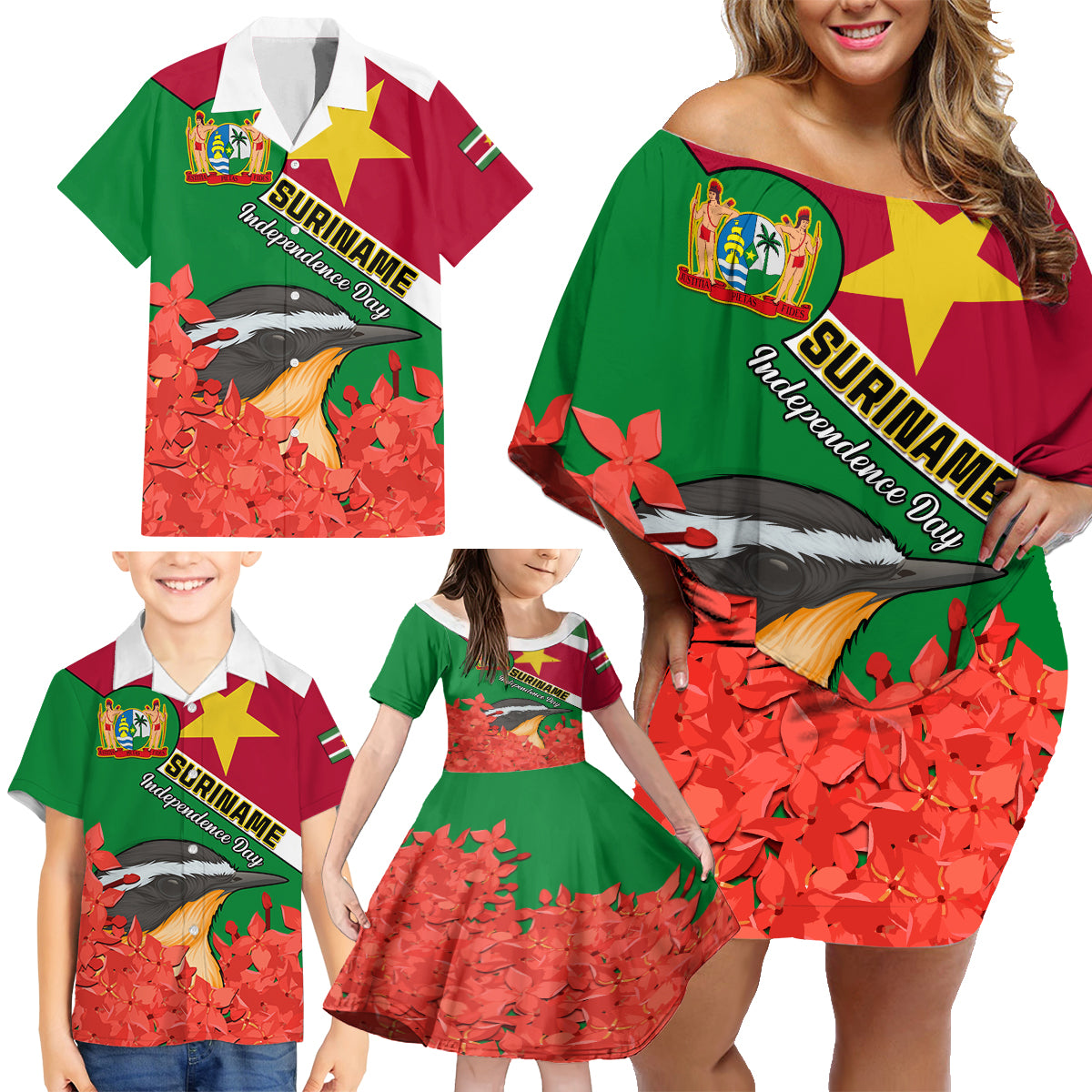 Personalised Suriname Independence Day Family Matching Off Shoulder Short Dress and Hawaiian Shirt Lesser Kiskadee With Scarlet Jungle Flame Flower - Wonder Print Shop