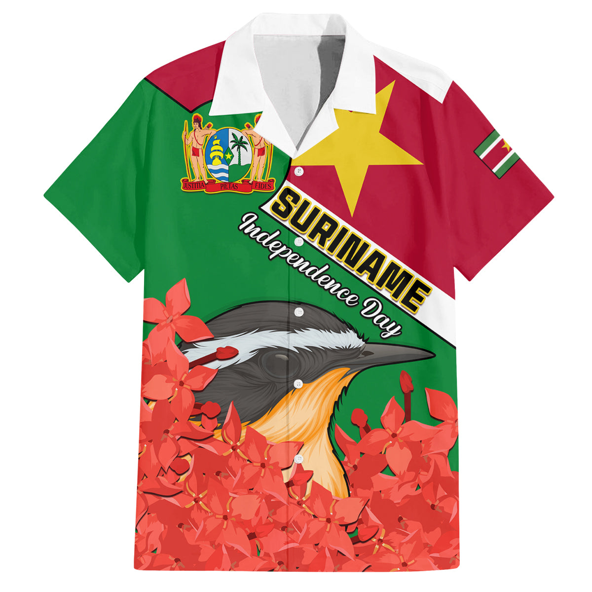Personalised Suriname Independence Day Family Matching Off Shoulder Short Dress and Hawaiian Shirt Lesser Kiskadee With Scarlet Jungle Flame Flower - Wonder Print Shop