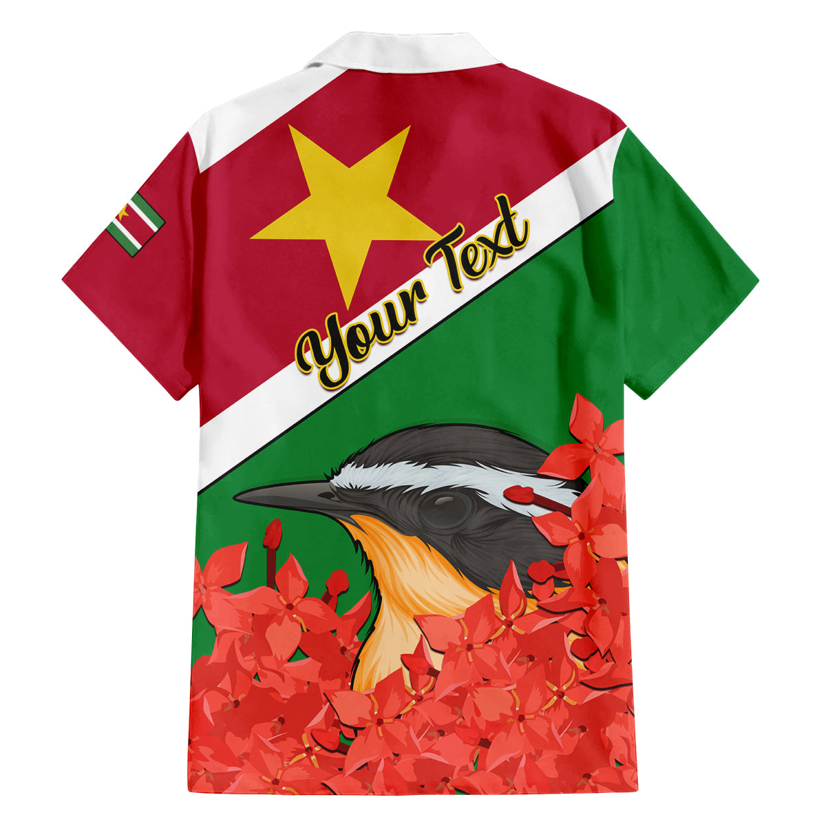 Personalised Suriname Independence Day Family Matching Off Shoulder Short Dress and Hawaiian Shirt Lesser Kiskadee With Scarlet Jungle Flame Flower - Wonder Print Shop