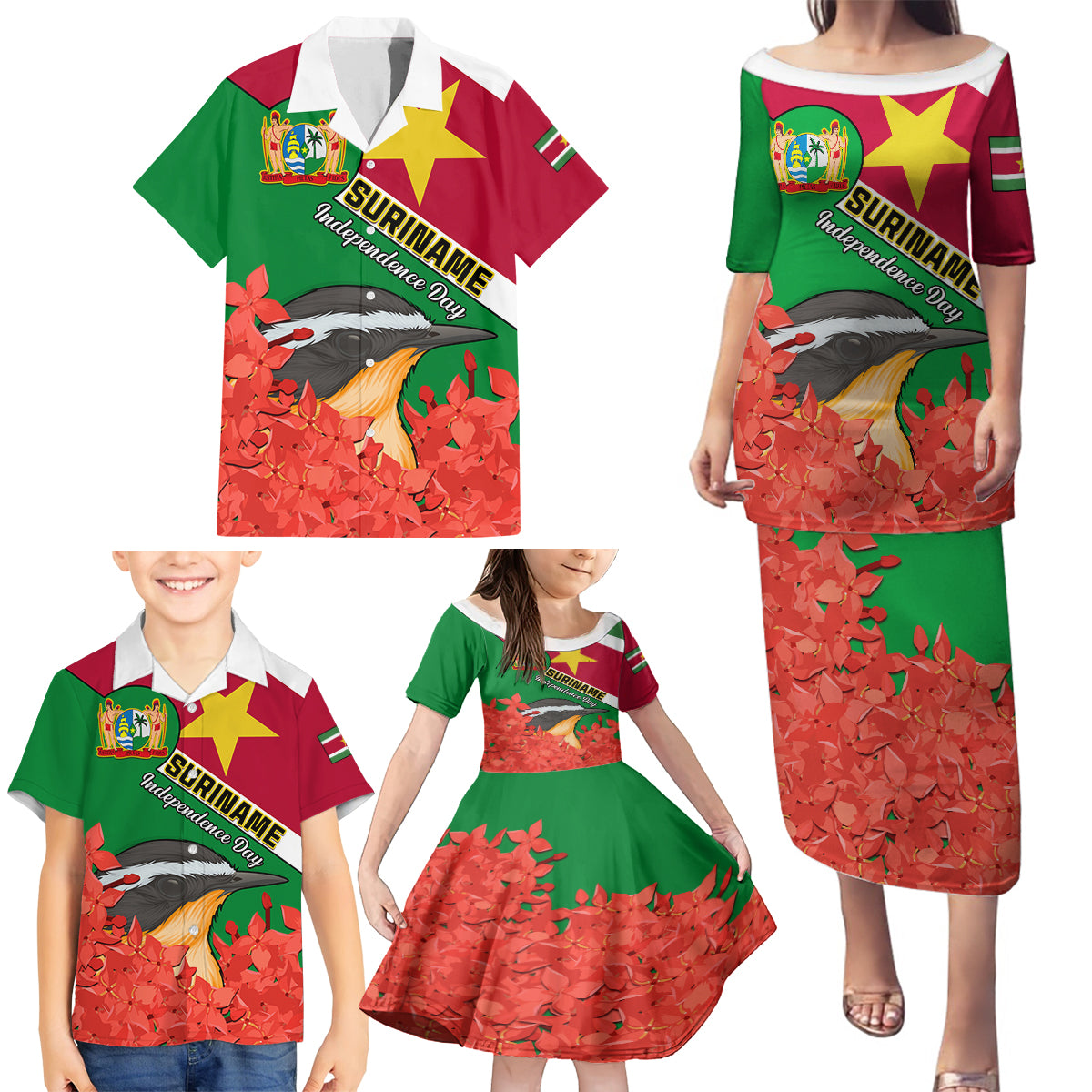 personalised-suriname-independence-day-family-matching-puletasi-dress-and-hawaiian-shirt-lesser-kiskadee-with-scarlet-jungle-flame-flower