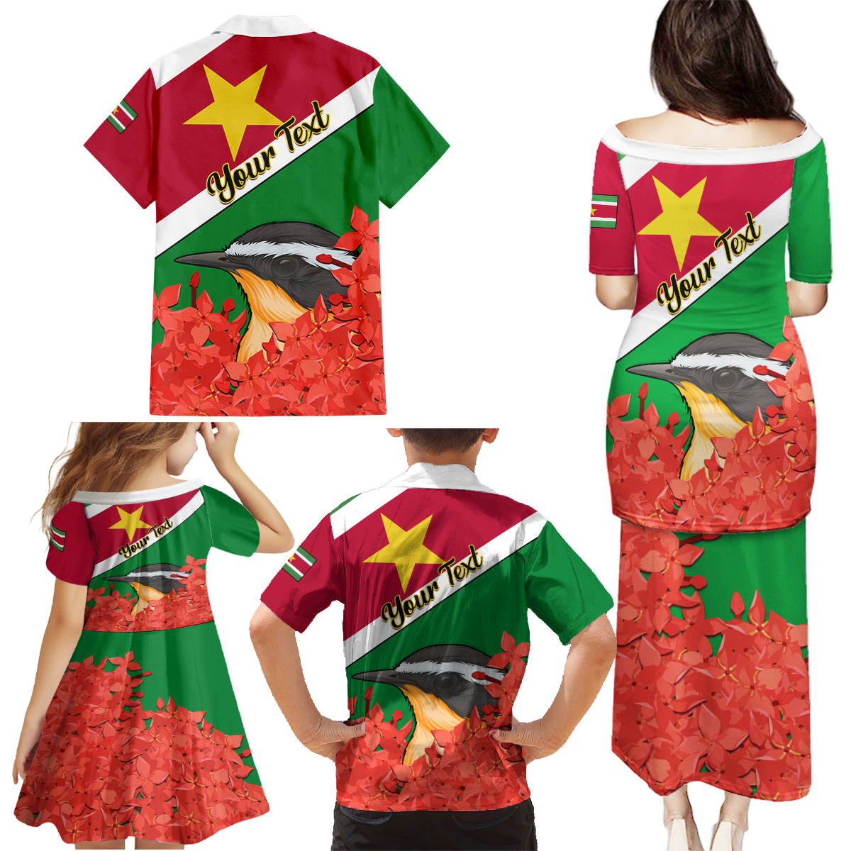 Personalised Suriname Independence Day Family Matching Puletasi Dress and Hawaiian Shirt Lesser Kiskadee With Scarlet Jungle Flame Flower - Wonder Print Shop