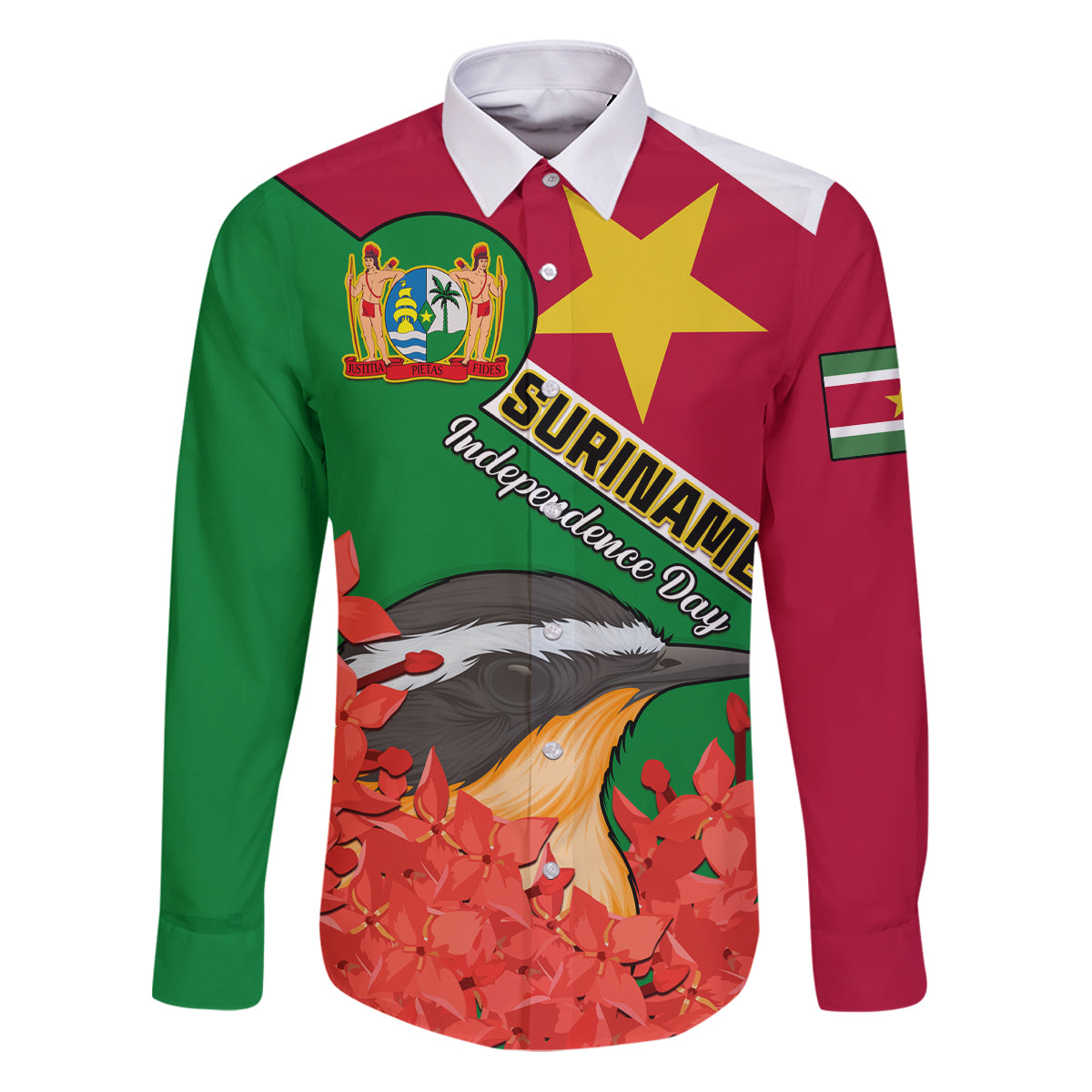 Personalised Suriname Independence Day Family Matching Puletasi Dress and Hawaiian Shirt Lesser Kiskadee With Scarlet Jungle Flame Flower - Wonder Print Shop