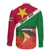 Personalised Suriname Independence Day Family Matching Puletasi Dress and Hawaiian Shirt Lesser Kiskadee With Scarlet Jungle Flame Flower - Wonder Print Shop