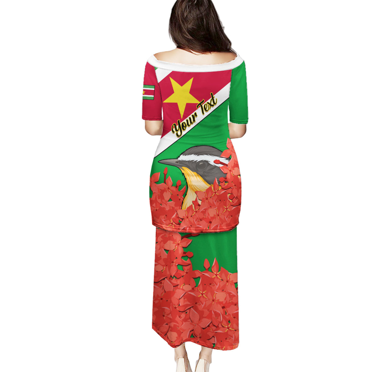 Personalised Suriname Independence Day Family Matching Puletasi Dress and Hawaiian Shirt Lesser Kiskadee With Scarlet Jungle Flame Flower - Wonder Print Shop