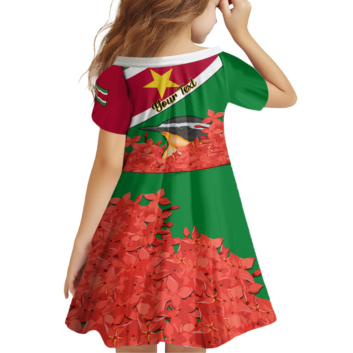 Personalised Suriname Independence Day Family Matching Short Sleeve Bodycon Dress and Hawaiian Shirt Lesser Kiskadee With Scarlet Jungle Flame Flower - Wonder Print Shop