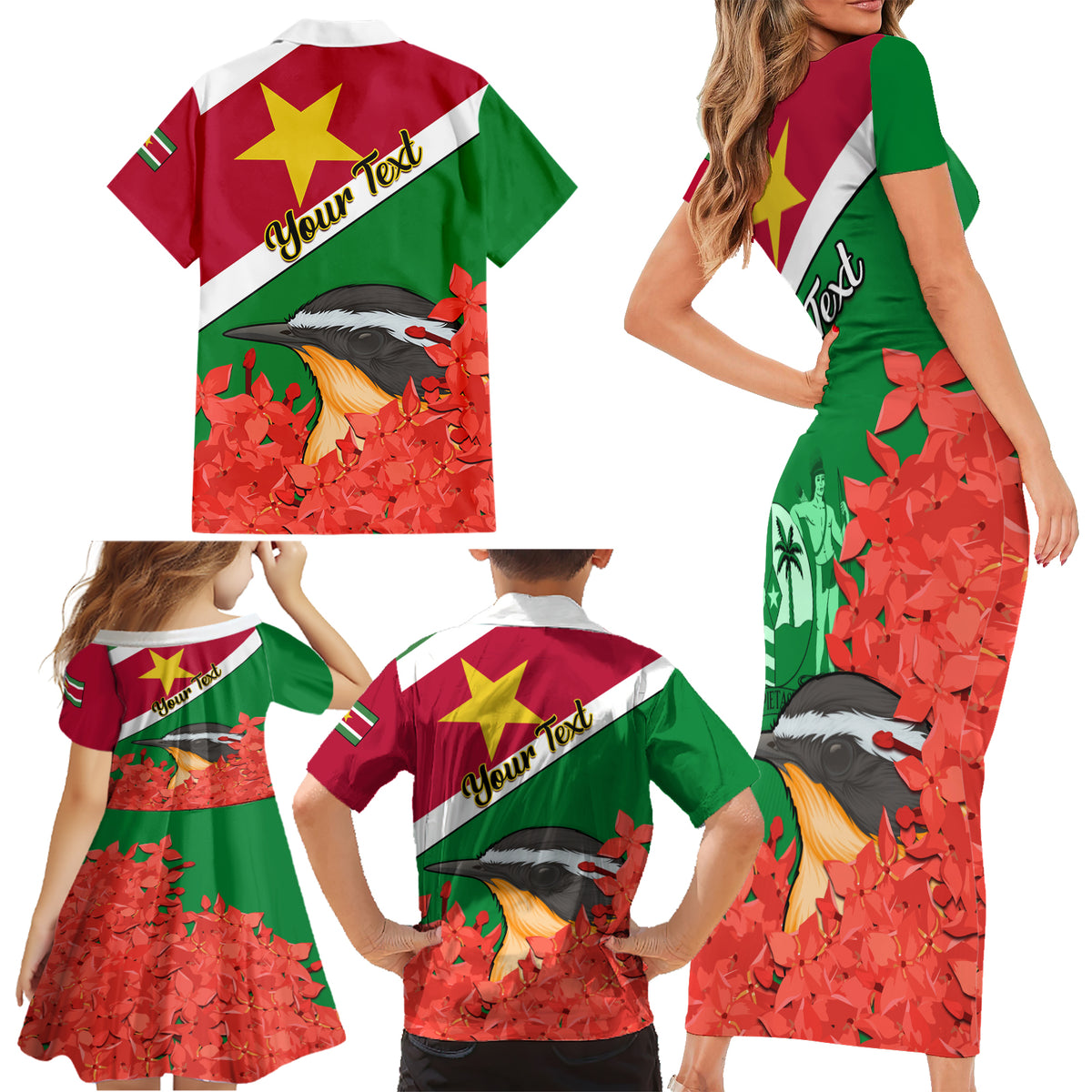 Personalised Suriname Independence Day Family Matching Short Sleeve Bodycon Dress and Hawaiian Shirt Lesser Kiskadee With Scarlet Jungle Flame Flower - Wonder Print Shop