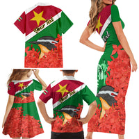 Personalised Suriname Independence Day Family Matching Short Sleeve Bodycon Dress and Hawaiian Shirt Lesser Kiskadee With Scarlet Jungle Flame Flower - Wonder Print Shop