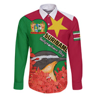 Personalised Suriname Independence Day Family Matching Short Sleeve Bodycon Dress and Hawaiian Shirt Lesser Kiskadee With Scarlet Jungle Flame Flower - Wonder Print Shop