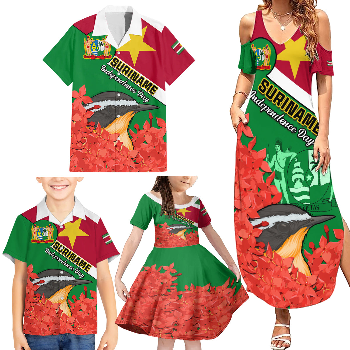 personalised-suriname-independence-day-family-matching-summer-maxi-dress-and-hawaiian-shirt-lesser-kiskadee-with-scarlet-jungle-flame-flower