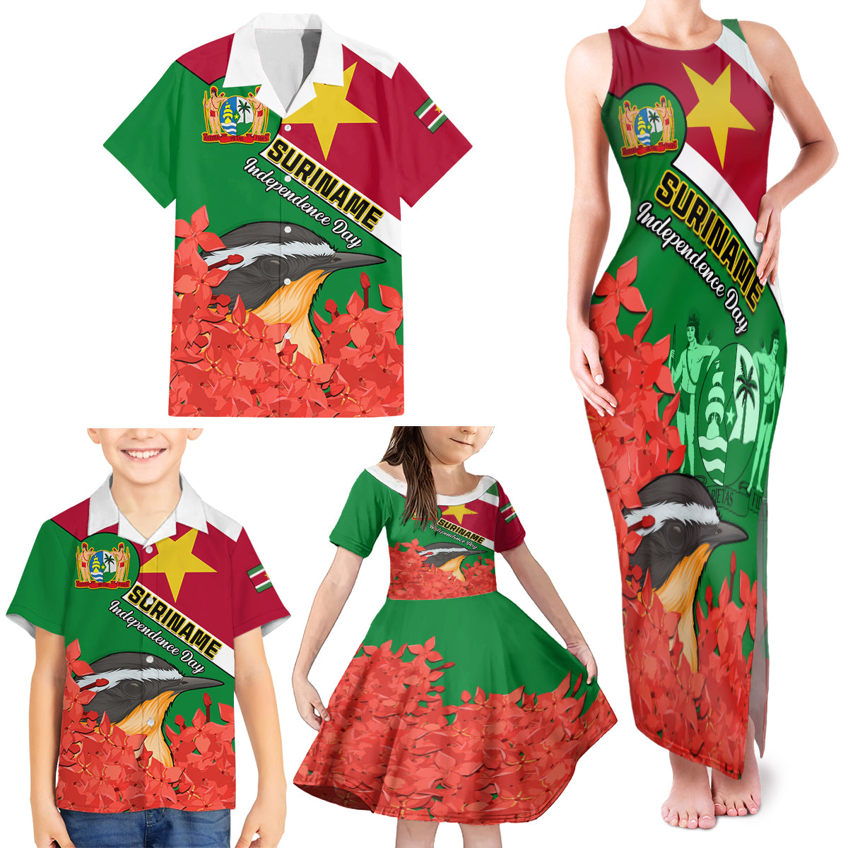 personalised-suriname-independence-day-family-matching-tank-maxi-dress-and-hawaiian-shirt-lesser-kiskadee-with-scarlet-jungle-flame-flower
