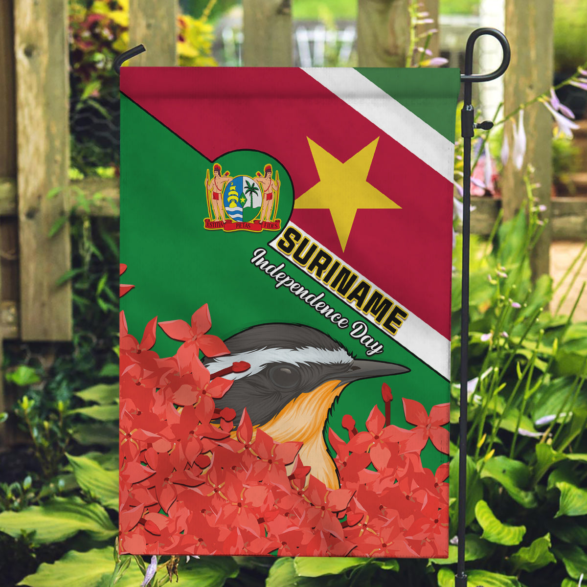 personalised-suriname-independence-day-garden-flag-lesser-kiskadee-with-scarlet-jungle-flame-flower