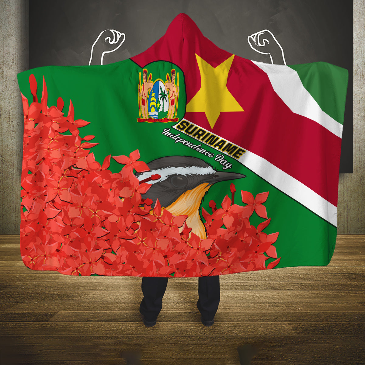 personalised-suriname-independence-day-hooded-blanket-lesser-kiskadee-with-scarlet-jungle-flame-flower