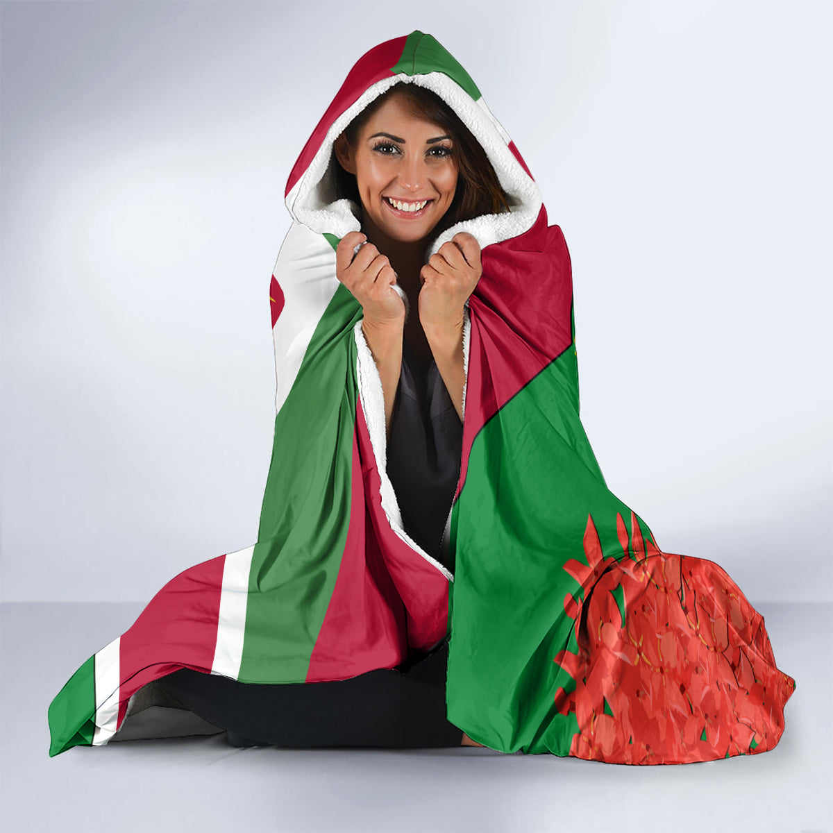 personalised-suriname-independence-day-hooded-blanket-lesser-kiskadee-with-scarlet-jungle-flame-flower