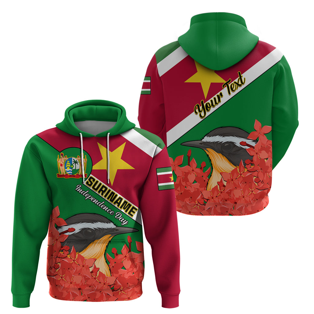 Personalised Suriname Independence Day Hoodie Lesser Kiskadee With Scarlet Jungle Flame Flower - Wonder Print Shop