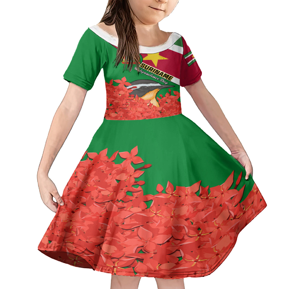 Personalised Suriname Independence Day Kid Short Sleeve Dress Lesser Kiskadee With Scarlet Jungle Flame Flower - Wonder Print Shop