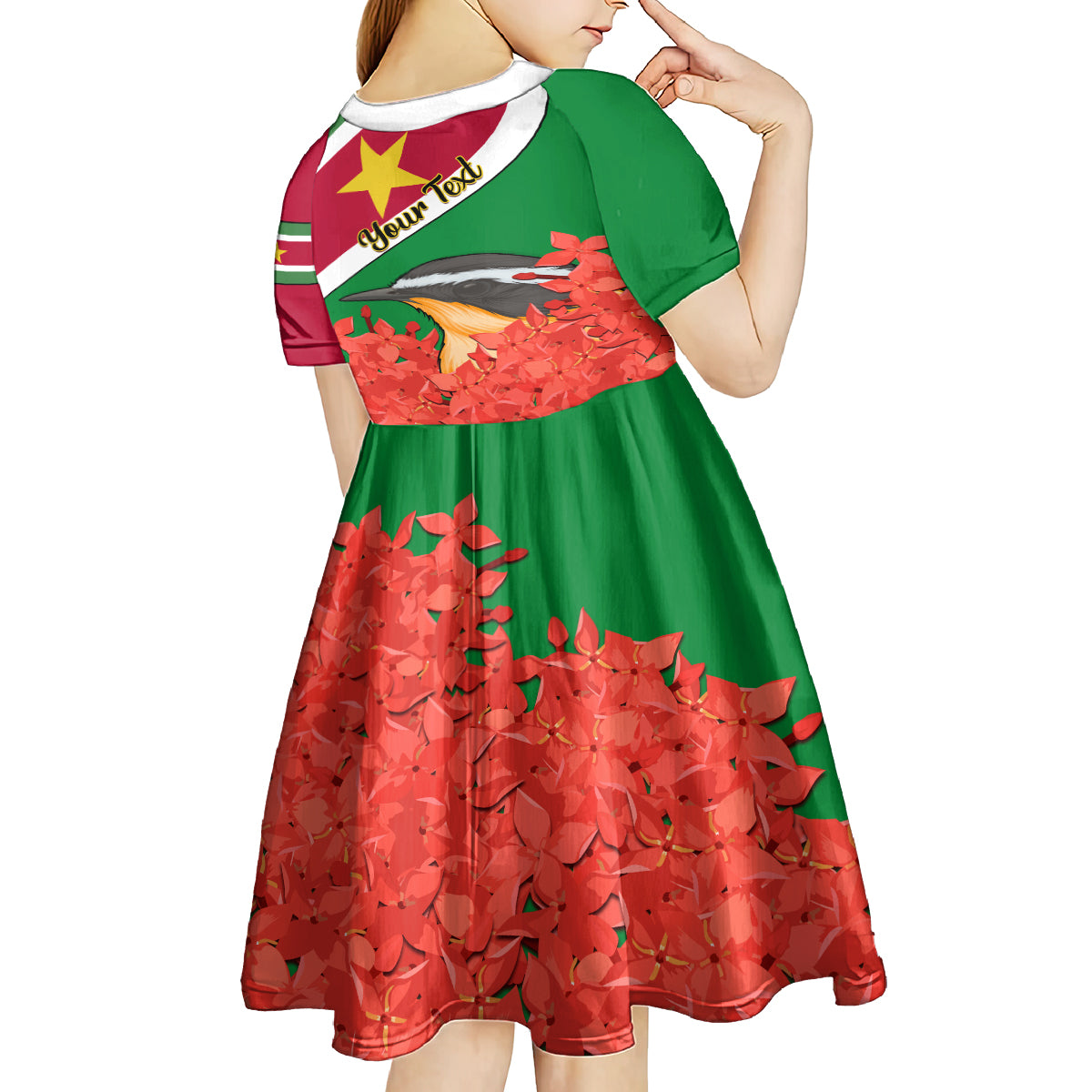 Personalised Suriname Independence Day Kid Short Sleeve Dress Lesser Kiskadee With Scarlet Jungle Flame Flower - Wonder Print Shop