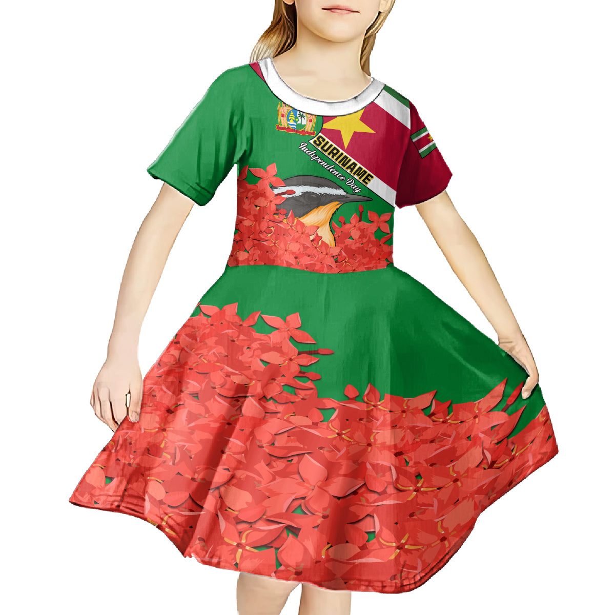 Personalised Suriname Independence Day Kid Short Sleeve Dress Lesser Kiskadee With Scarlet Jungle Flame Flower - Wonder Print Shop