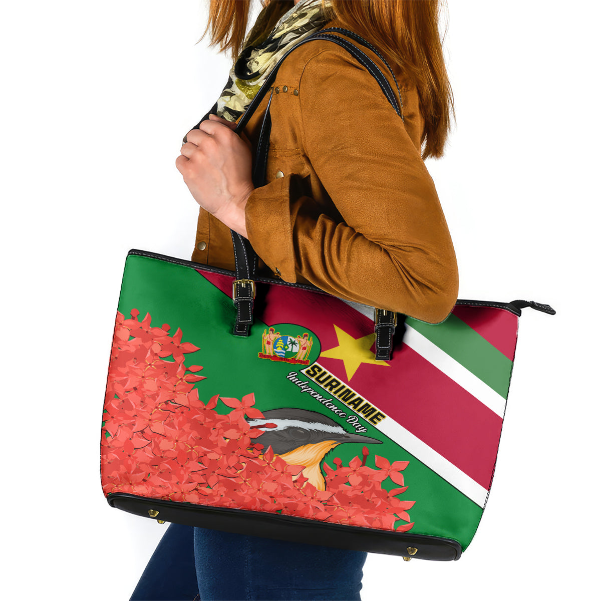 personalised-suriname-independence-day-leather-tote-bag-lesser-kiskadee-with-scarlet-jungle-flame-flower