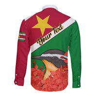 Personalised Suriname Independence Day Long Sleeve Button Shirt Lesser Kiskadee With Scarlet Jungle Flame Flower - Wonder Print Shop