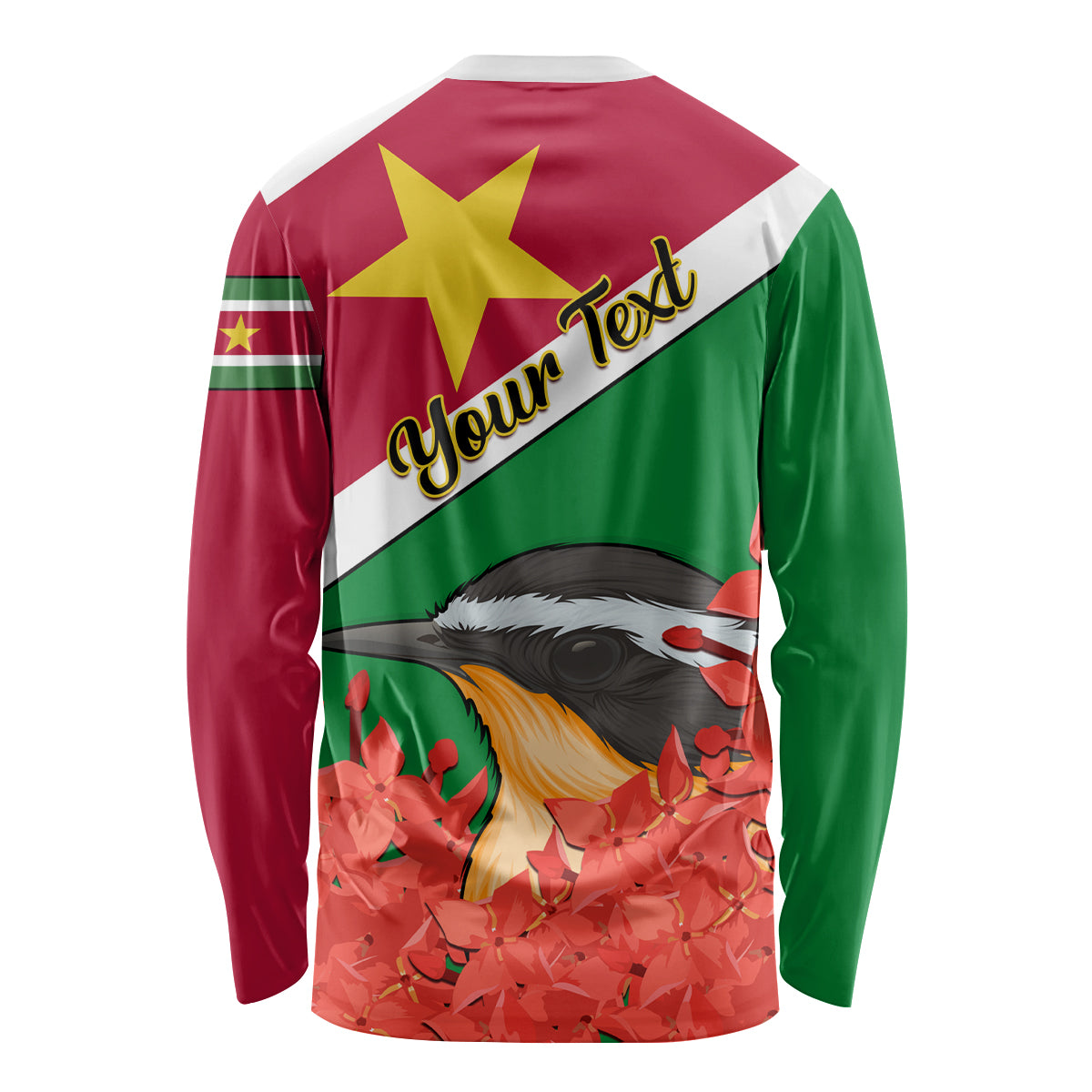 Personalised Suriname Independence Day Long Sleeve Shirt Lesser Kiskadee With Scarlet Jungle Flame Flower - Wonder Print Shop