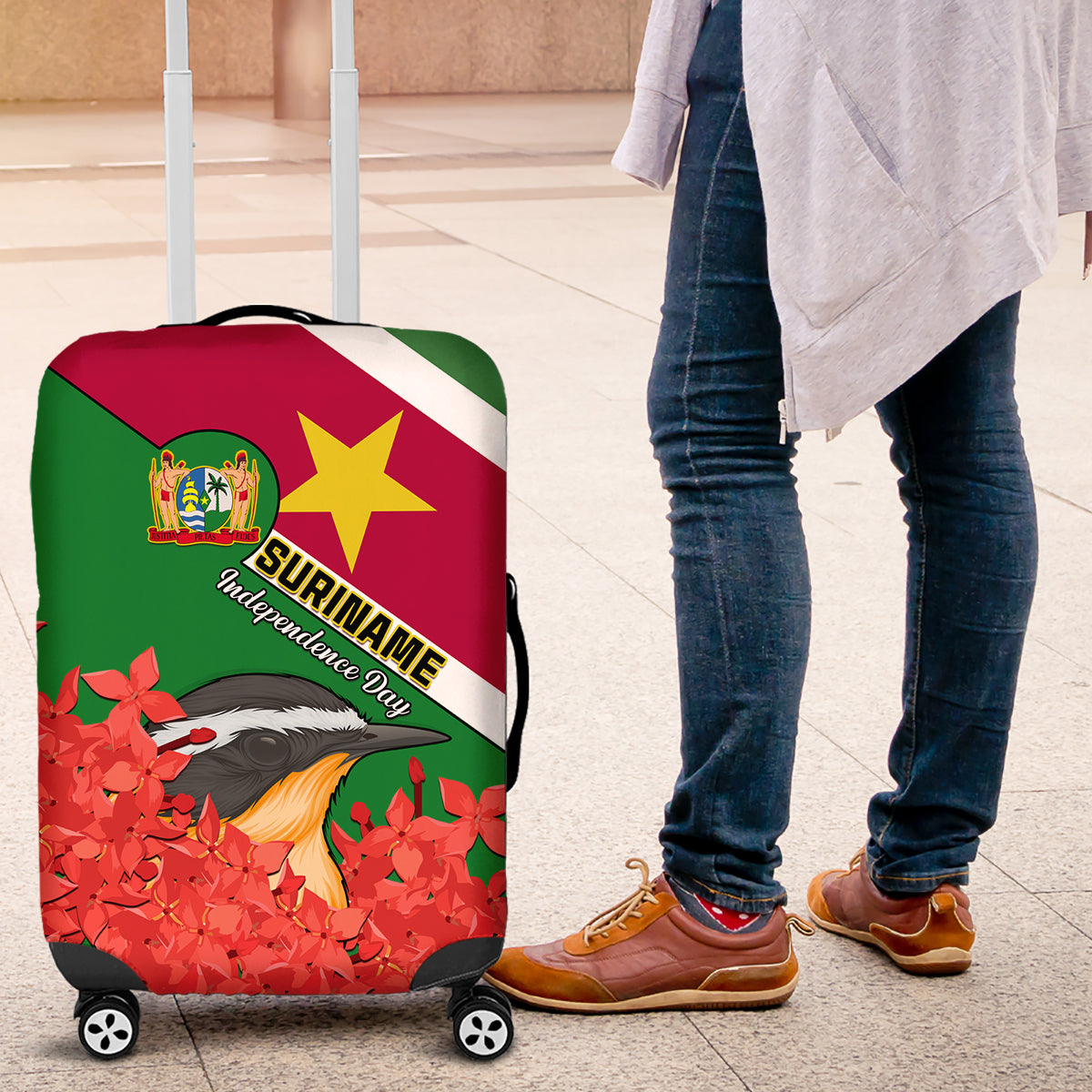 personalised-suriname-independence-day-luggage-cover-lesser-kiskadee-with-scarlet-jungle-flame-flower