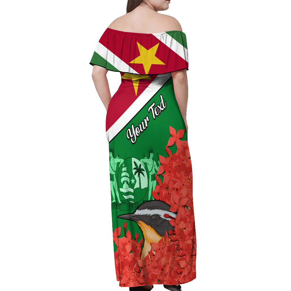 Personalised Suriname Independence Day Off Shoulder Maxi Dress Lesser Kiskadee With Scarlet Jungle Flame Flower - Wonder Print Shop