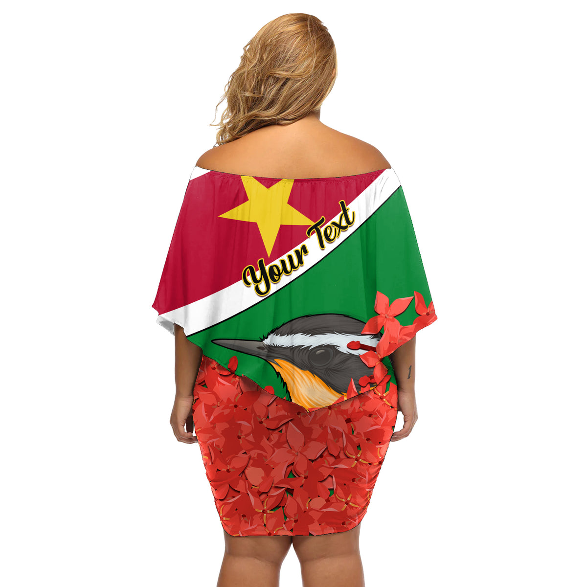 Personalised Suriname Independence Day Off Shoulder Short Dress Lesser Kiskadee With Scarlet Jungle Flame Flower - Wonder Print Shop