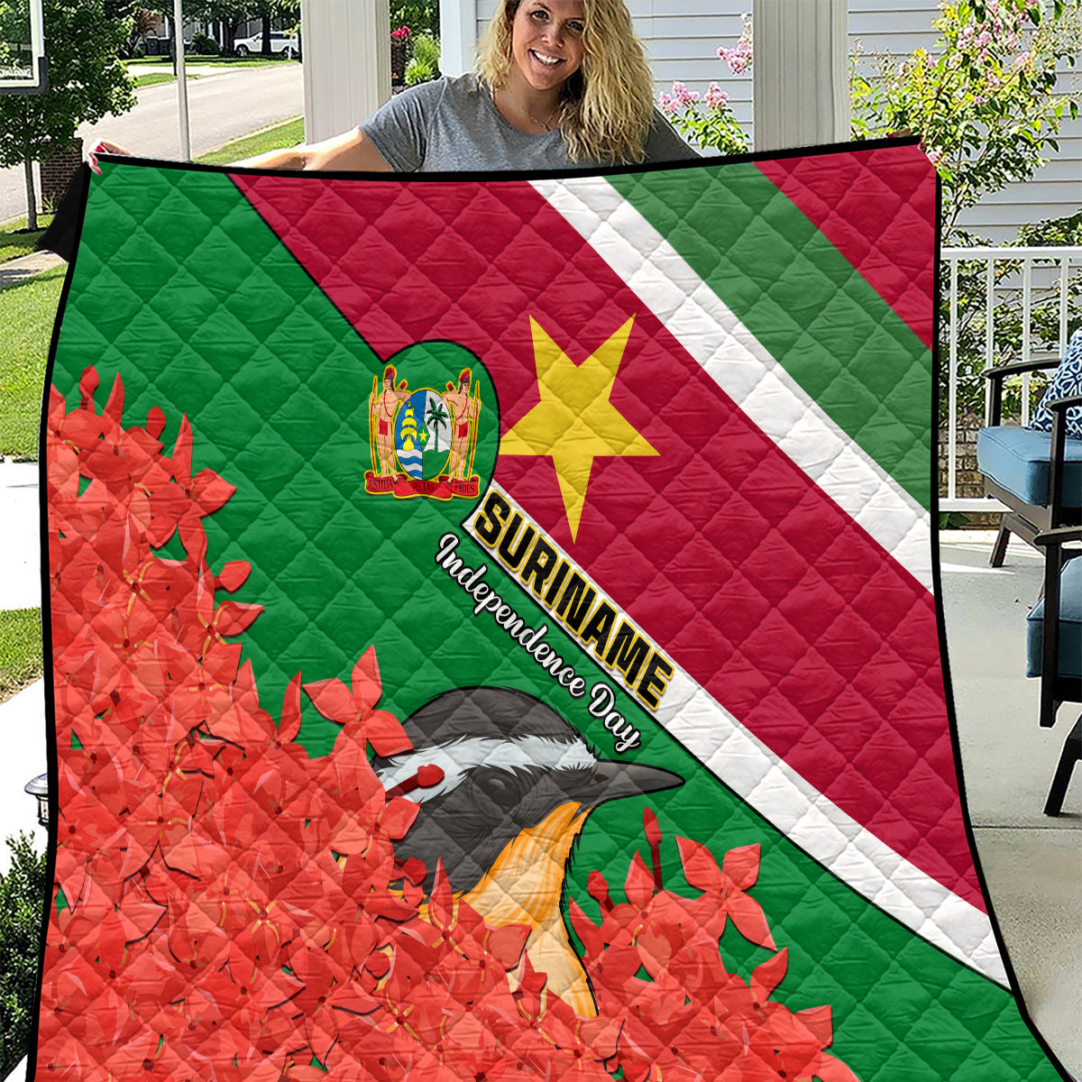 personalised-suriname-independence-day-quilt-lesser-kiskadee-with-scarlet-jungle-flame-flower