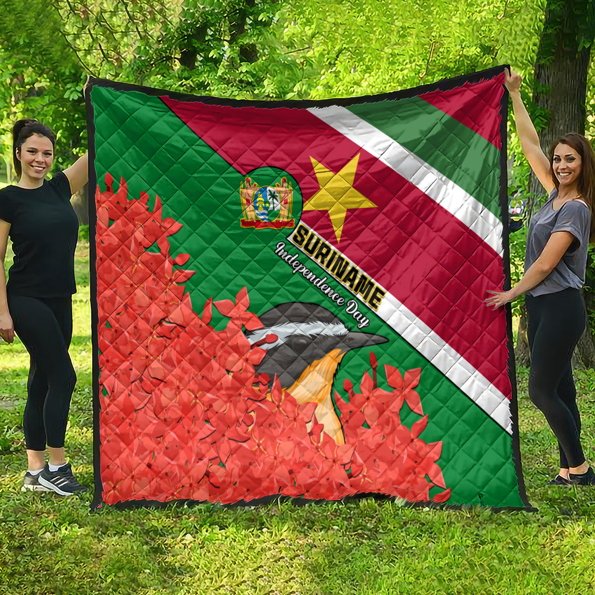 Suriname Independence Day Quilt Lesser Kiskadee With Scarlet Jungle Flame Flower - Wonder Print Shop