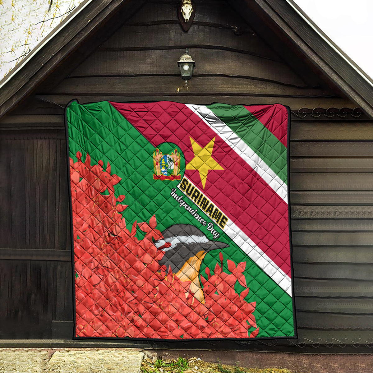 Suriname Independence Day Quilt Lesser Kiskadee With Scarlet Jungle Flame Flower - Wonder Print Shop
