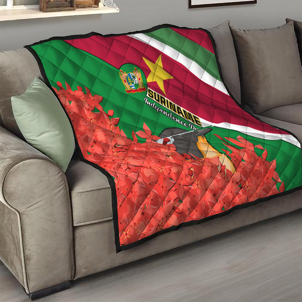 Suriname Independence Day Quilt Lesser Kiskadee With Scarlet Jungle Flame Flower - Wonder Print Shop