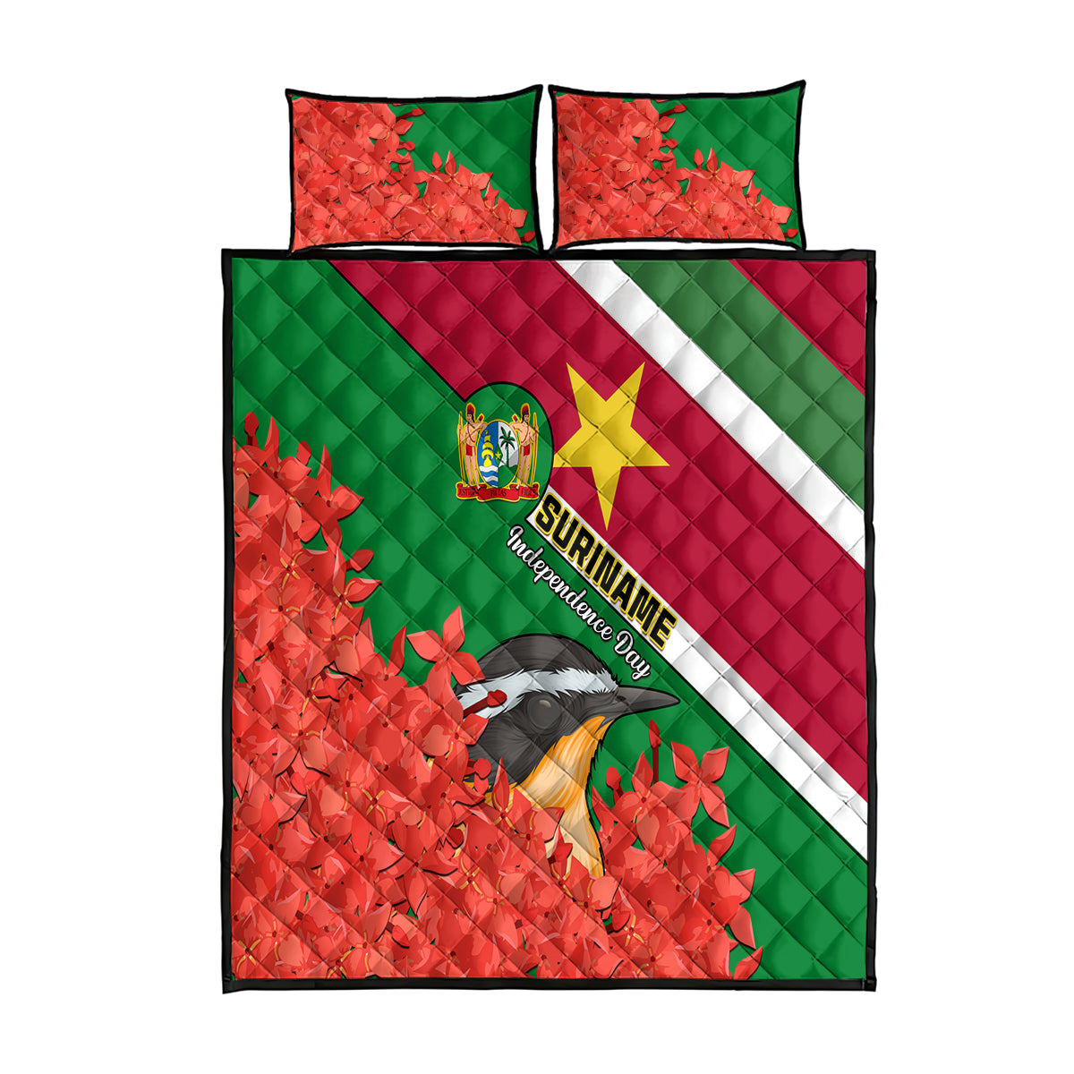 personalised-suriname-independence-day-quilt-bed-set-lesser-kiskadee-with-scarlet-jungle-flame-flower