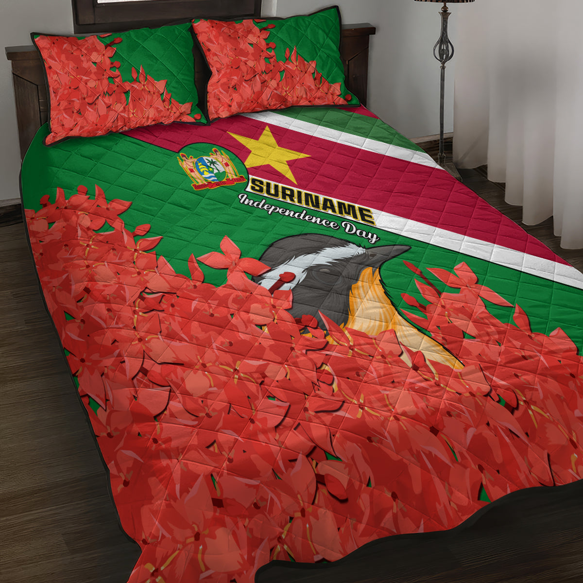 Suriname Independence Day Quilt Bed Set Lesser Kiskadee With Scarlet Jungle Flame Flower - Wonder Print Shop