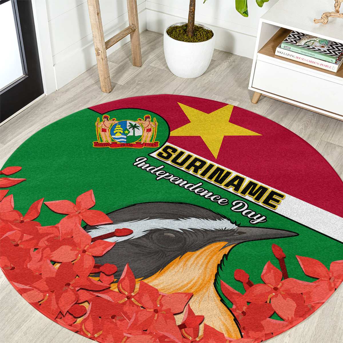 personalised-suriname-independence-day-round-carpet-lesser-kiskadee-with-scarlet-jungle-flame-flower