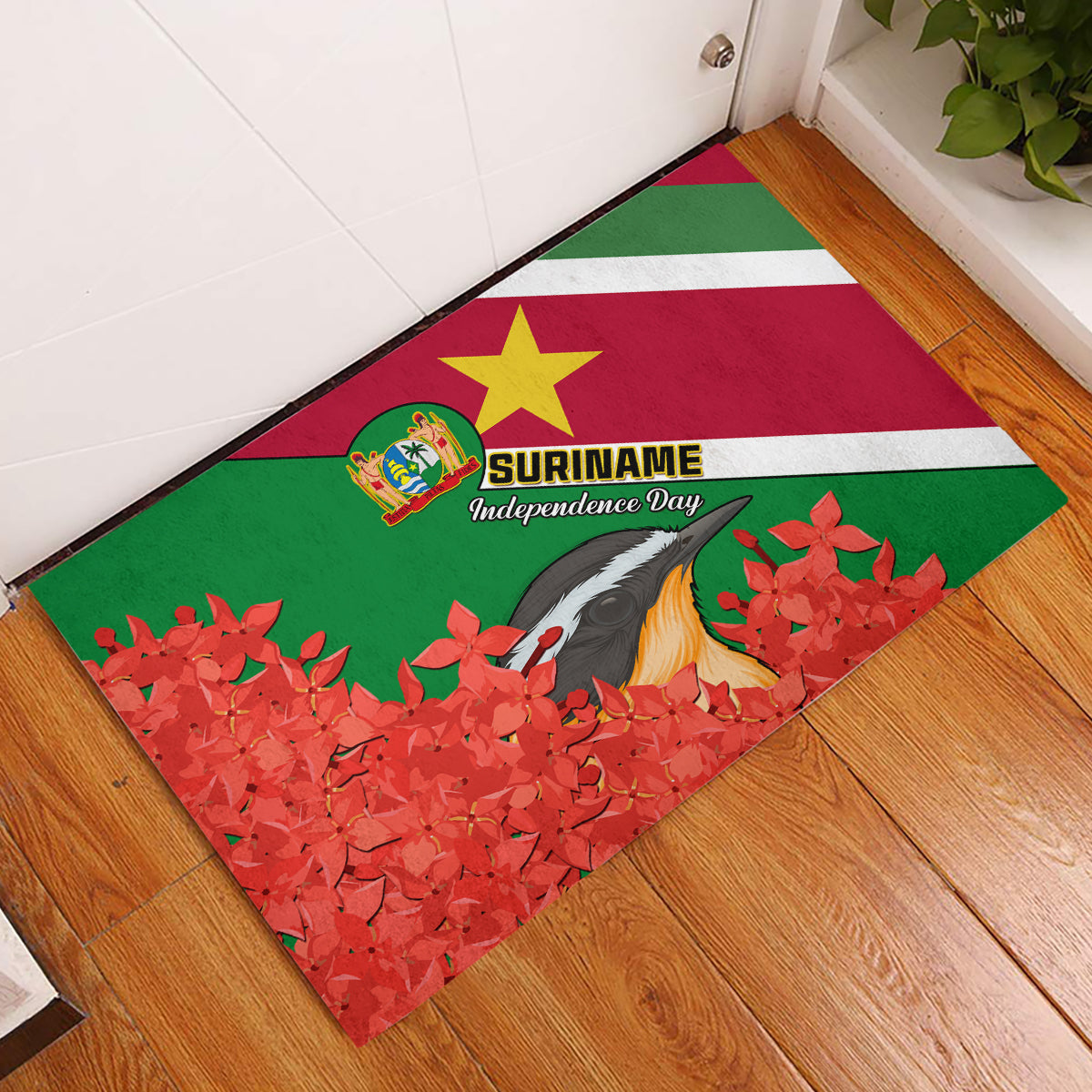 personalised-suriname-independence-day-rubber-doormat-lesser-kiskadee-with-scarlet-jungle-flame-flower